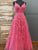 Pink V Neck Lace Applique Spaghettis Strap Long Prom Dresses DP1040