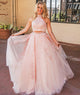 Pink Two Pieces Halter Neck Lace Long Prom Dress HW2739