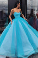 Pretty Ball Gown Blue Tulle Strapless Floor Length Lace Up Sweet Prom Dress OHC412  | Cathyprom