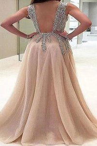 Beautiful A Line V Neck Sleeveless Sweep Train Tulle Prom Dresses with Rhinestones Slit OHC528