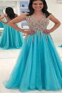 Beautiful A Line V Neck Sleeveless Sweep Train Tulle Prom Dresses with Rhinestones Slit OHC528