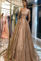 One Shoulder A Line Sweep Train Sequin Long Sleeves Prom Dress OHC550