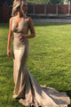 Sexy Halter Golden Mermaid Sweep Train Backless Satin Long Prom Dresses OHC538