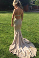 Sexy Halter Golden Mermaid Sweep Train Backless Satin Long Prom Dresses OHC538