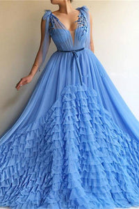 Tulle Prom Dresses Deep V Neck Blue Sleeveless Layers Floor Length Long Prom Dress OHC517