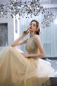 V Neck A Line Floor Length Tulle Rhinestone Prom Dresses Party/Evening Dresses OHC527