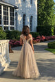 A Line Sequin Off Shoulder Open Back Prom Dresses OHC549