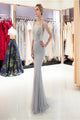 Silver Rhinestone Mermaid Scoop Neck Sweep Train Long Tulle Prom Dresses Evening Dresses OHC526