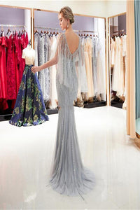 Silver Rhinestone Mermaid Scoop Neck Sweep Train Long Tulle Prom Dresses Evening Dresses OHC526