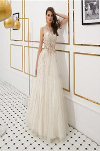 A Line Open Back Scoop Floor Length Rhinestone Long Tulle Prom Dresses OHC525