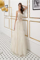 A Line Open Back Scoop Floor Length Rhinestone Long Tulle Prom Dresses OHC525