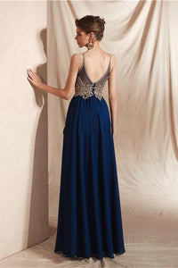 A Line Floor Length Sleeveless Appliques Long Chiffon Prom Dresses OHC532