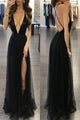 A Line Sequins Spaghettis Straps V Neck Floor Length Slit Long Tulle Prom Dress OHC530