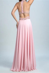 A Line Halter Floor Length Chiffon Rhinestone Long Pink Prom Dresses OHC523