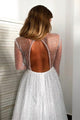 White Sparkly A Line Long Sleeve Open Back V Neck Prom Dresses OHC542