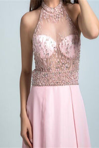A Line Halter Floor Length Chiffon Rhinestone Long Pink Prom Dresses OHC523