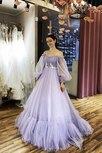 A-Line Tulle Sweetheart Long Sleeves Long Prom Dress With Lace, Evening Dress CMS211103