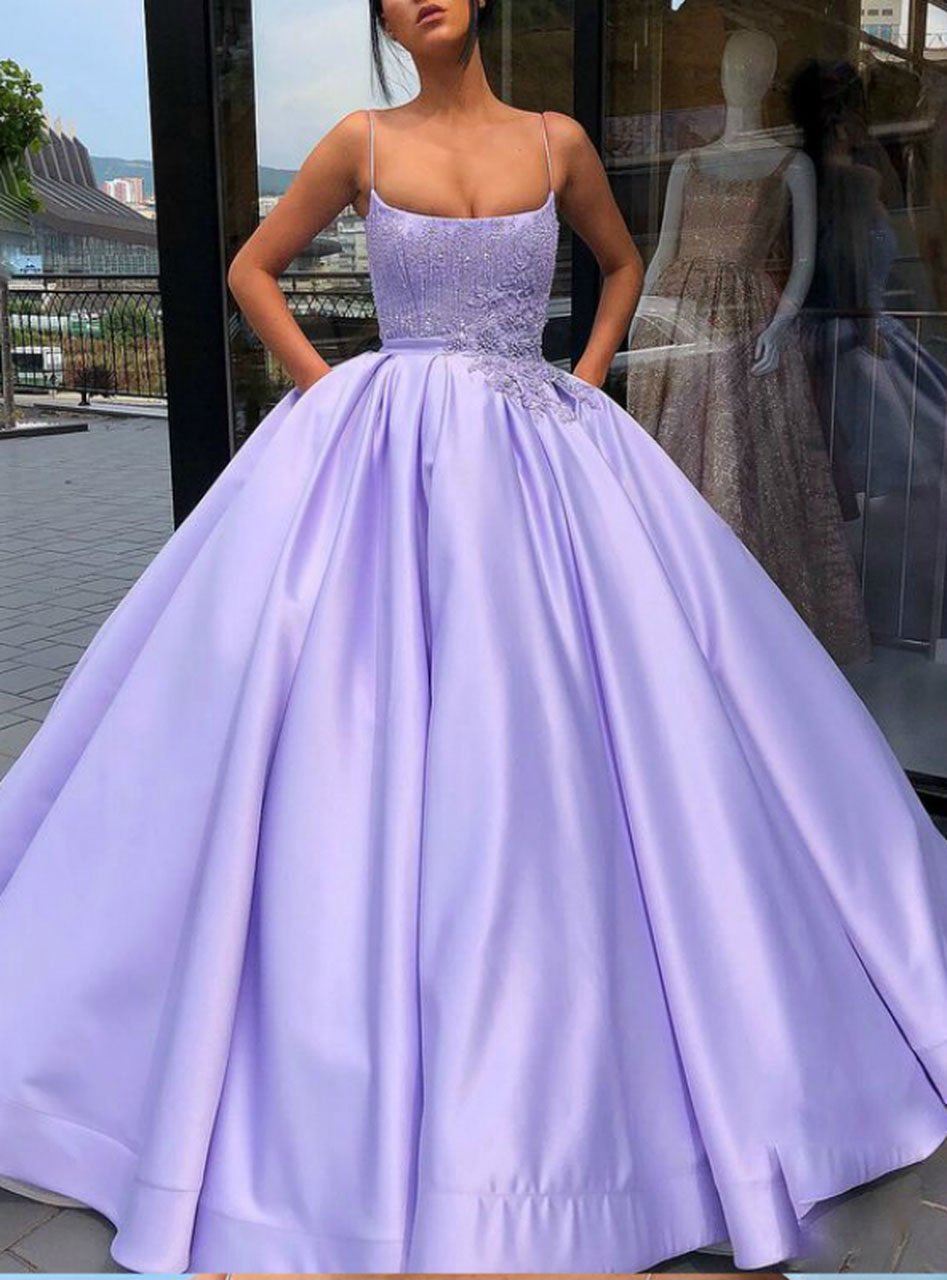 Purple Ball Gown Spaghetti Straps Satin Sweet 16 Dress With Pocket