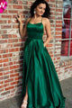Simple A Line Spaghetti Straps Sweep Train Backless Sleeveless Long Satin Prom Dress With Pockets OHC271 | Cathyprom