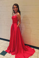 Simple A Line Spaghetti Straps Sweep Train Backless Sleeveless Long Satin Prom Dress With Pockets OHC271 | Cathyprom