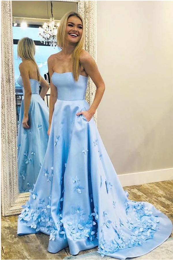 A-Line Sweetheart Sky Blue 3D Floral Applique Long Prom Dresses 2020 L cathyprom A-Line Sweetheart Sky Blue 3D Floral Applique Long Prom Dresses 2020 L cathyprom