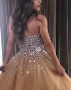 Gold Sweetheart Strapless A-line Tulle Beading Long Prom Dresses LB1054