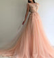 A-line Blush Pink Tulle Appliques Prom Dresses with Slit GH6425