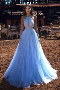 Blue Halter Tulle Beading Long Prom Party Evening Dress SNH010