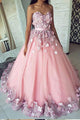 Ball Gown Pink Tulle Lace Applique Long Sweetheart Strapless Prom Dresses VG4532