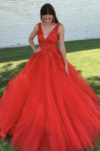 A-Line V-Neck Red Tulle Long Prom Dress With Lace, Evening Dress CMS211101