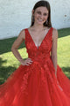 A-Line V-Neck Red Tulle Long Prom Dress With Lace, Evening Dress CMS211101