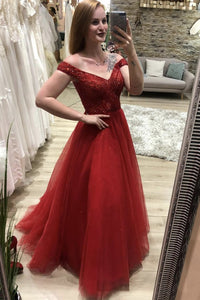 Red Tulle Long A-line Prom Dress With Beads, Evening Dress SJ211078