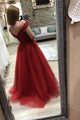 Red Tulle Long A-line Prom Dress With Beads, Evening Dress SJ211078