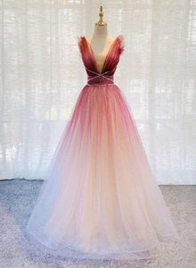 Fancy A-Line V-Neck Tulle Long Prom Dress With Beading YZ211025