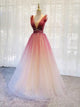 Fancy A-Line V-Neck Tulle Long Prom Dress With Beading YZ211025