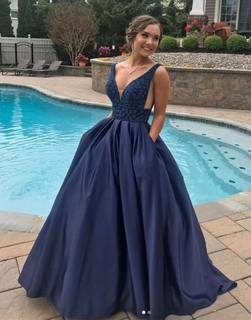 A-line V-Neck Dark Blue Spaghetti Straps Beaded Prom Dress WZ5142 cathyprom A-line V-Neck Dark Blue Spaghetti Straps Beaded Prom Dress WZ5142 cathyprom