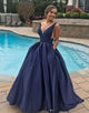 A-line V-Neck Dark Blue Spaghetti Straps Beaded Prom Dress WZ5142