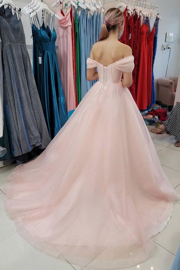 Pink Tulle Long A-Line Prom Dress, Lovely Off The Shoulder Evening Dress US 16 / Custom Color