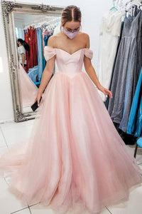 Fancy A-Line Pink Tulle Off The Shoulder Long Prom Dress, Evening Dress  SHK002
