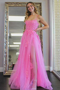 A Line Pink Lace Long Prom Dress with High Slit, Evening Dress SHK003