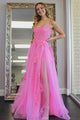 A Line Pink Lace Long Prom Dress with High Slit, Evening Dress SHK003