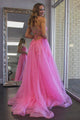 A Line Pink Lace Long Prom Dress with High Slit, Evening Dress SHK003