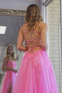 A Line Pink Lace Long Prom Dress with High Slit, Evening Dress SHK003