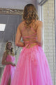 A Line Pink Lace Long Prom Dress with High Slit, Evening Dress SHK003