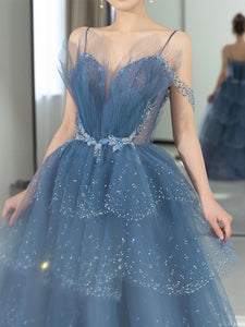 Fancy Light Blue A Line Off The Shoulder Long Prom Dress, Evening Dress SHK007