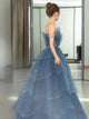 Fancy Light Blue A Line Off The Shoulder Long Prom Dress, Evening Dress SHK007