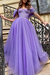 Purple Shiny Sequins Tulle Off Shoulder Long Prom Dress, Evening Dress SHK010