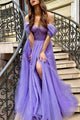 Purple Shiny Sequins Tulle Off Shoulder Long Prom Dress, Evening Dress SHK010