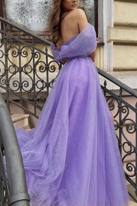 Purple Shiny Sequins Tulle Off Shoulder Long Prom Dress, Evening Dress SHK010