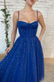 A Line Blue Spaghetti Straps Tulle long Prom Dress, Evening Dress SHK020
